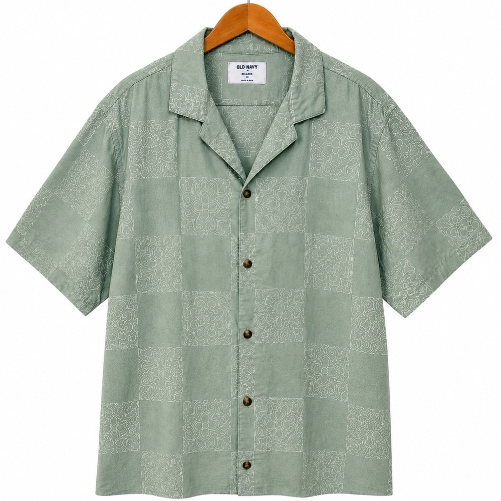 Old Navy XXL Tall Camp Collar Shirt Milky Jade Linen Blend Embroidered Resort